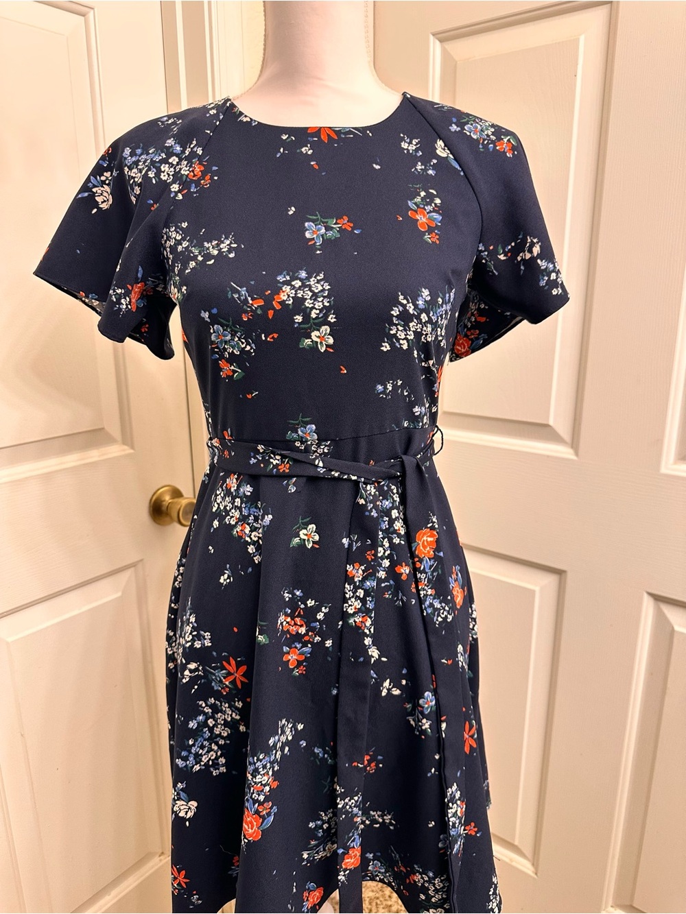 Banana Republic Navy Floral Midi Dress with Red & White Blooms